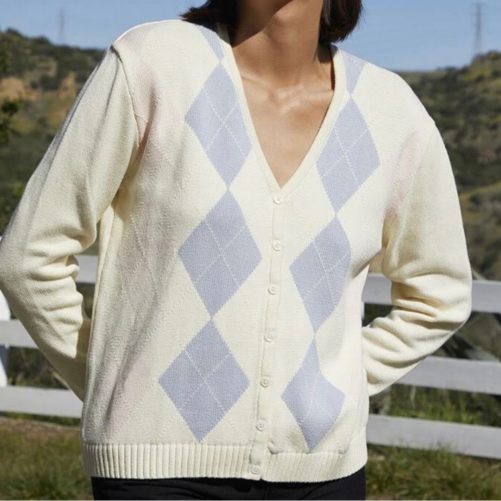 Brandy Melville Elizabeth Cream Argyle Cardigan Sweater